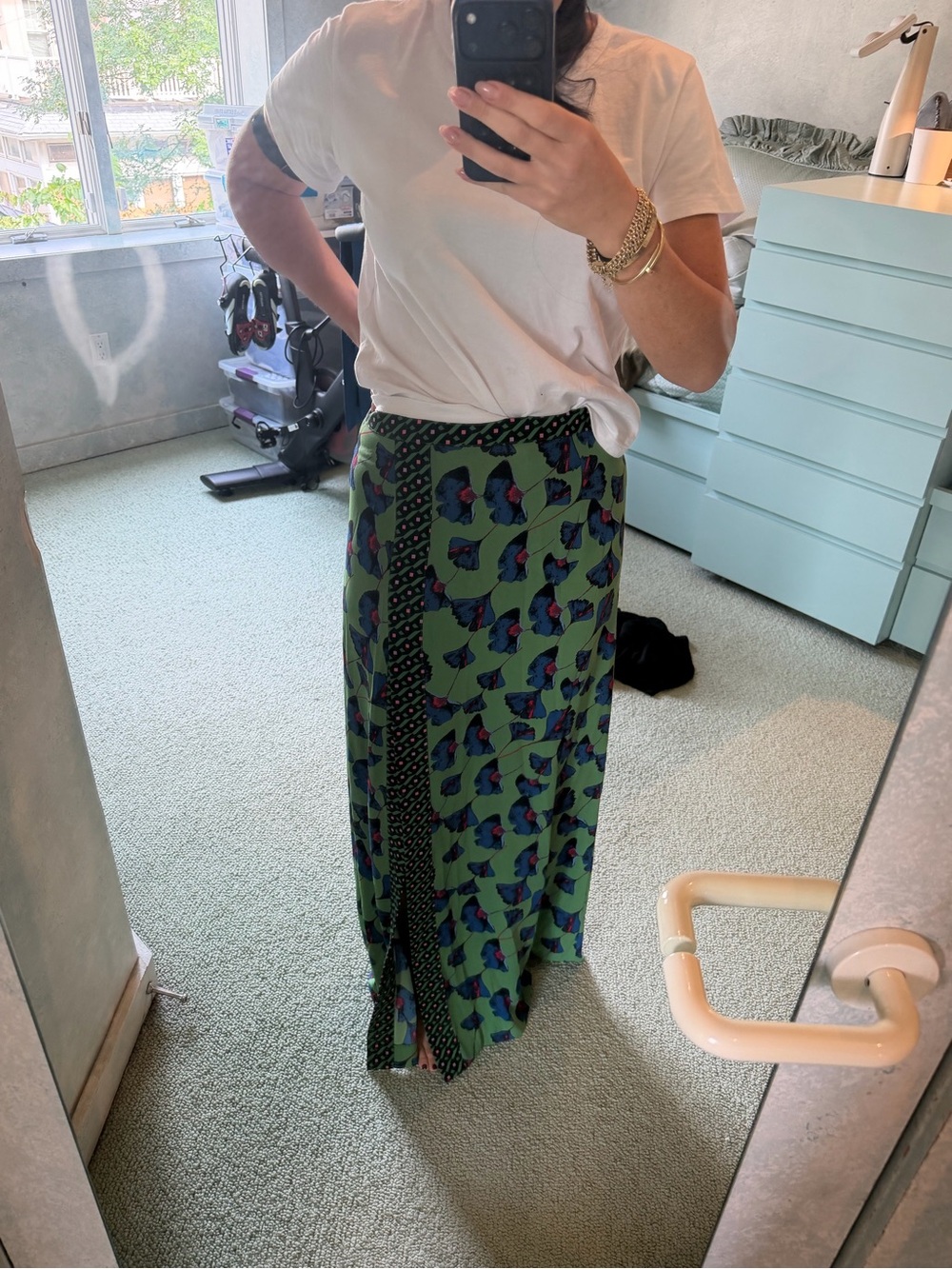 Green Floral Split Maxi Skirt with Blue Accents - Picture 6 of 9